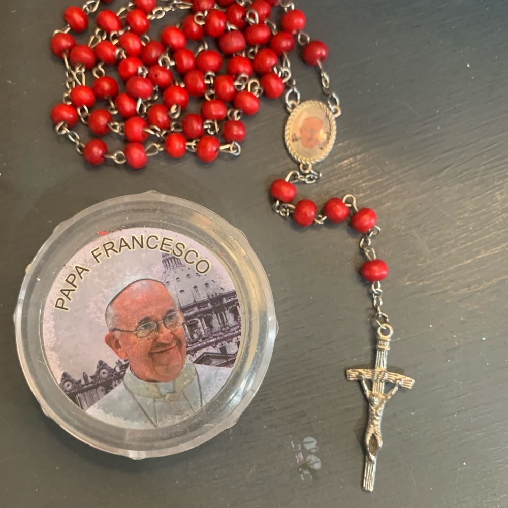 Vintage Red Wooden ROSARY BEADS Metal FRANCISCUS CROSS Crucifix & Chain